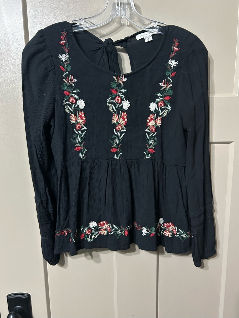American Eagle Blouse Black Embroidered Floral Open Back Neck Tie peasant top